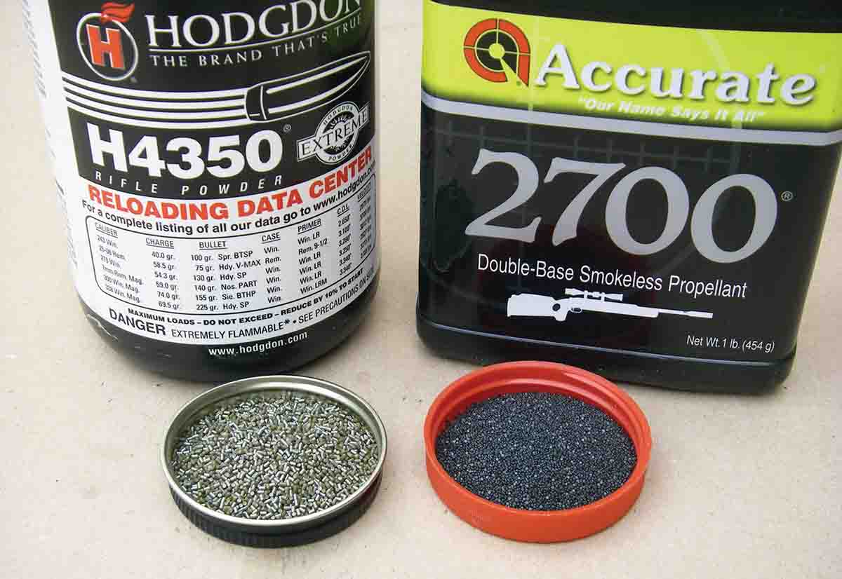 Both extruded (left) and spherical (right) powders can provide excellent results in the .257 Roberts. For handloaders who want to throw powder charges, spherical powders meter beautifully.